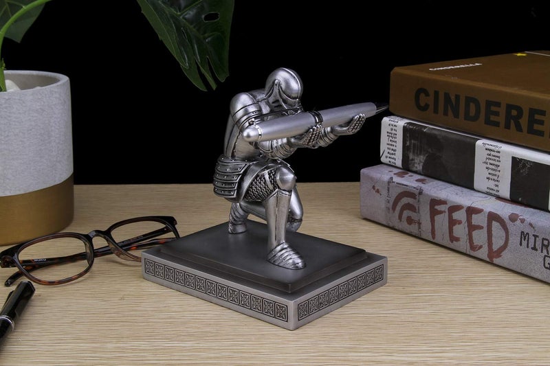Amoysanli Knight Pen Holder Desk Organizers and Accessories Desk Decor Resin Pen Holder as Gift with a Cool Pen for Office and Home (Silver) - Image 4